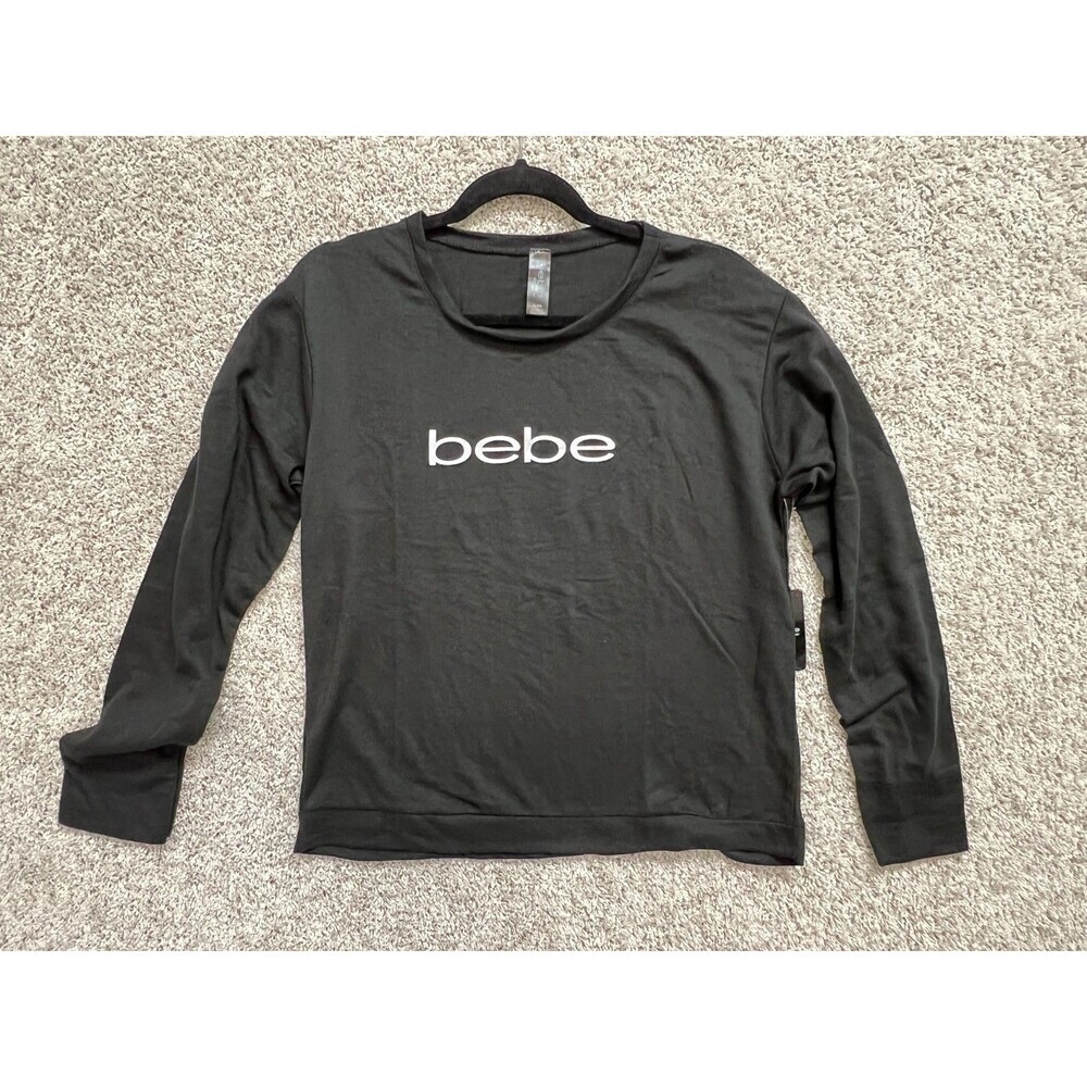“Bebe Logo Black Long Sleeve Shirt Women Size XL Crew Neck Casual Top”